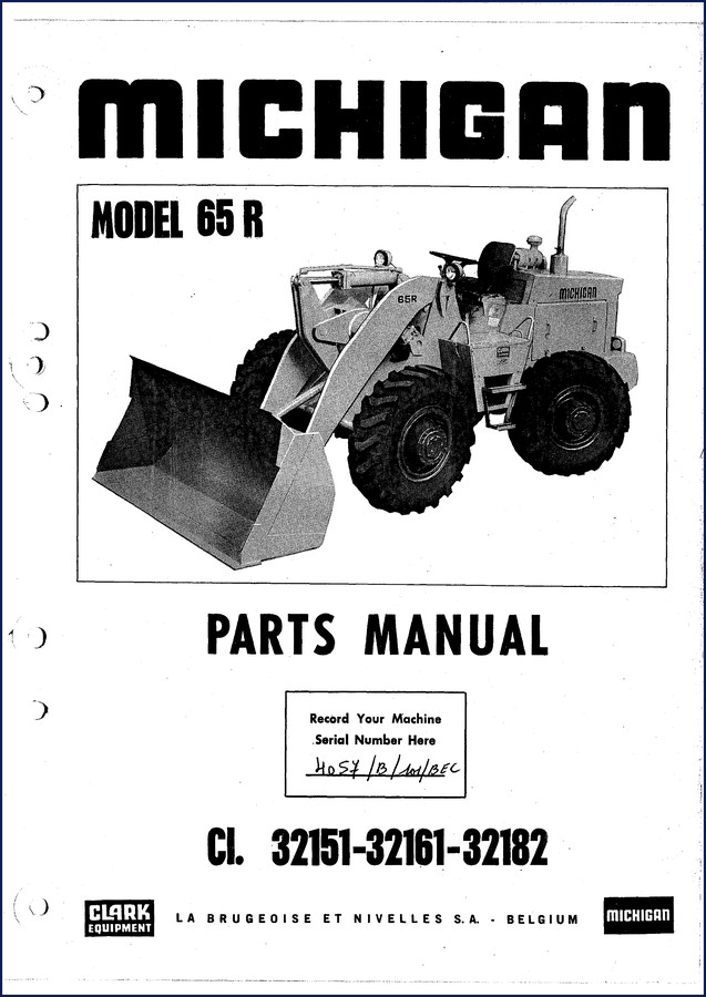 Michigan 65R parts manual cover showing model and Clark Equipment branding