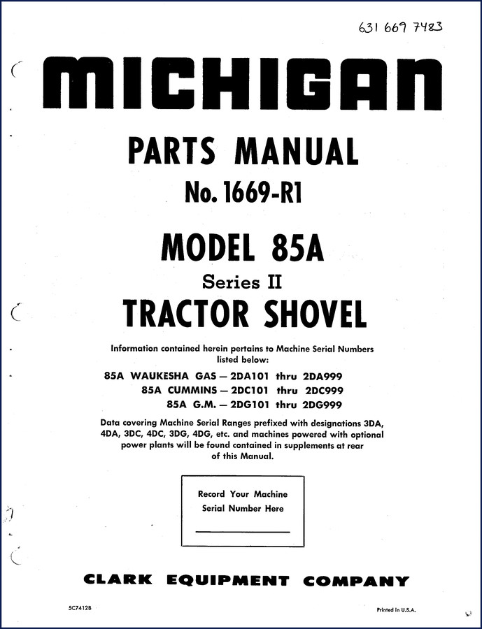 Michigan 85A Series II Tractor Shovel Parts Catalog – factory exploded view page showing boom and bucket components