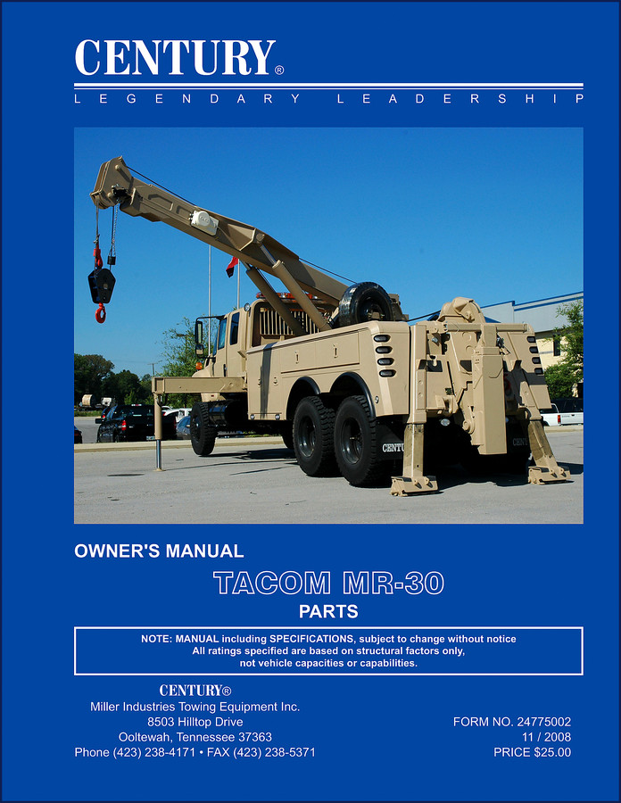 2008 Miller Industries MR-30 Century owners manual cover