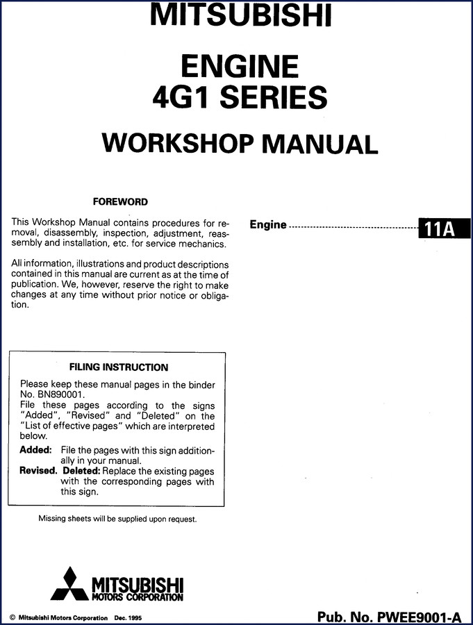 Mitsubishi 4G1 SERIES 1995 Workshop Manual cover showing engine components