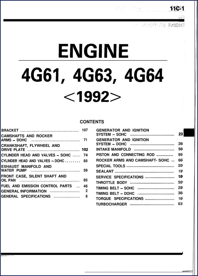Mitsubishi 4G61 4G63 4G64 1992 factory technical manual cover showing engine cutaway