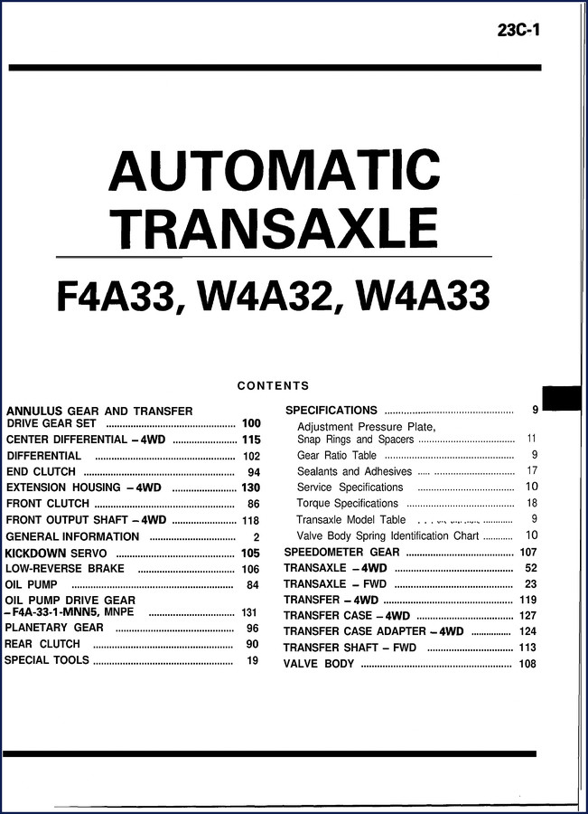 Mitsubishi F4A33, W4A32, W4A33 automatic transaxle service manual cover - 132 pages PDF