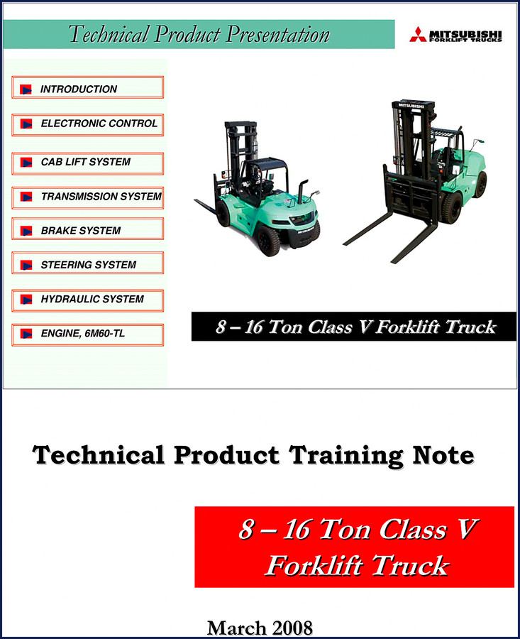 Mitsubishi FD80N–FD135N 2008 factory training manual cover showing 8-16 ton class V forklift truck