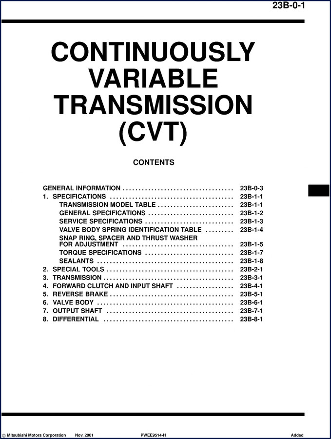 Mitsubishi F1C1A 2001 CVT technical manual cover showing transmission sectional view