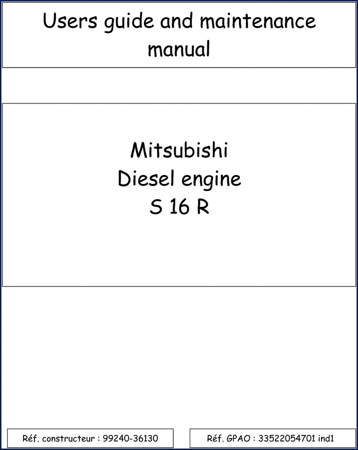 Mitsubishi S16R diesel engine user manual cover page with OEM part number 99240-36130