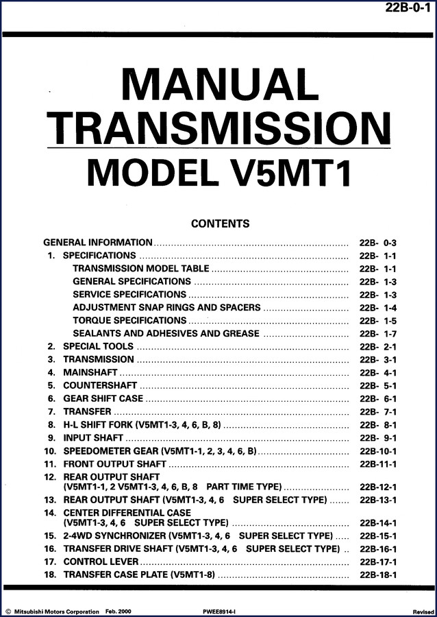 Mitsubishi V5MT1 1995 factory technical manual cover – transmission rebuild guide
