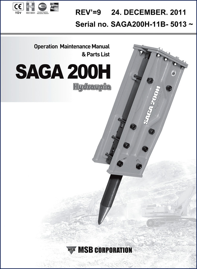 MSB SAGA 200H hydraulic breaker 2011 service manual cover and specifications page