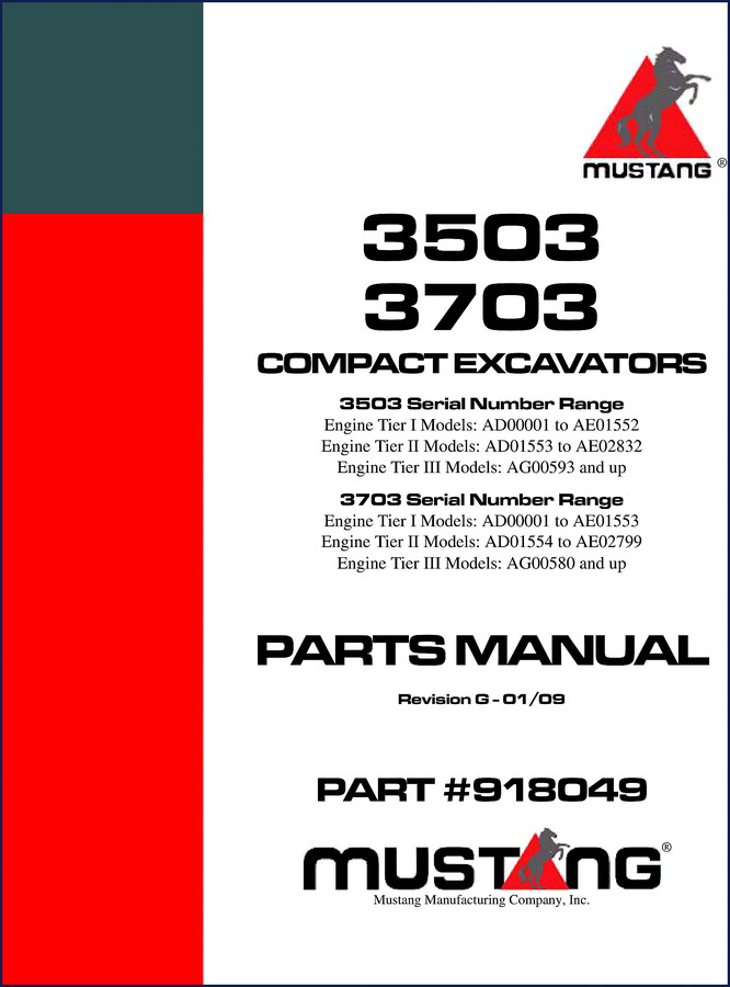 Mustang 3503 and 3703 Compact Excavators 2009 Parts Catalog – Factory OEM manual cover