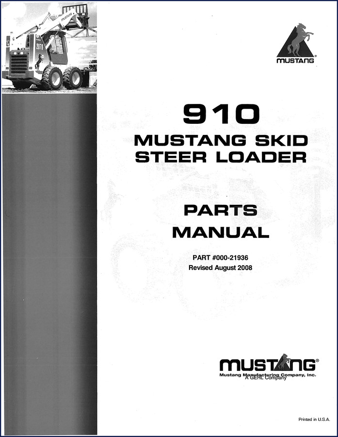 Mustang 910 2008 Parts Catalog cover page showing skid steer loader and part number 000-21936