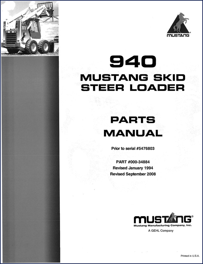 Mustang 940 1994 Parts Catalog cover – factory OEM document for skid steer loader parts identification