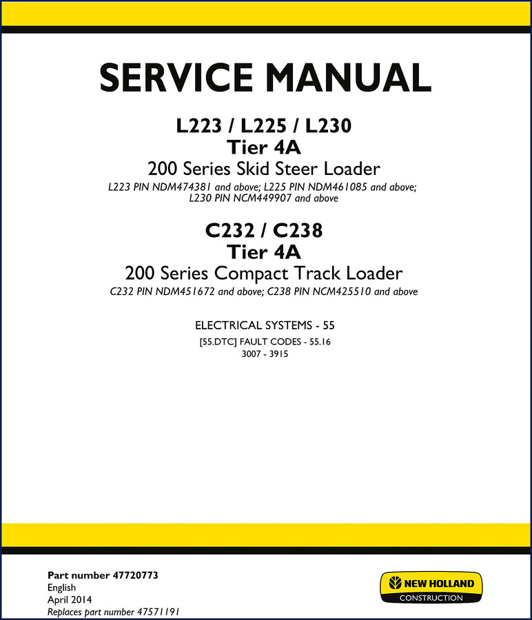 New Holland L223 L225 L230 C232 C238 2014 service manual cover page showing skid steer loader