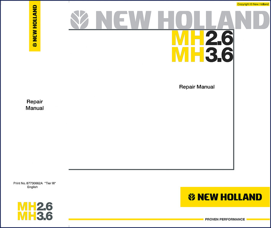 New Holland MH2.6 and MH3.6 Repair Manual cover – 915-page OEM factory manual for wheel excavators and engine
