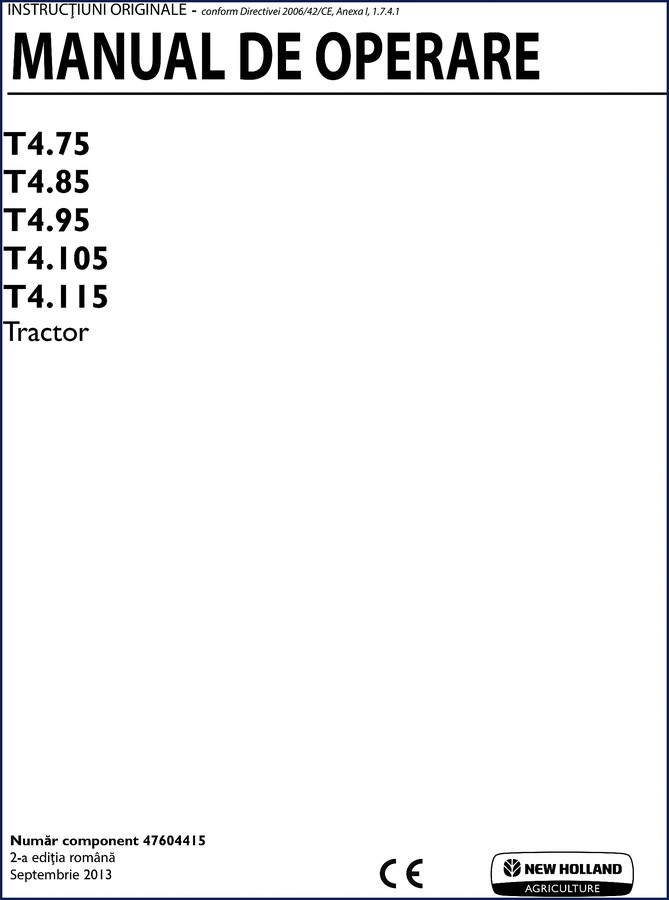 New Holland T4.75 T4.85 T4.95 T4.105 T4.115 2013 Operators Manual cover page