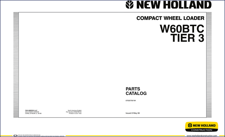 New Holland W60BTC 2008 Parts Catalog cover showing compact wheel loader