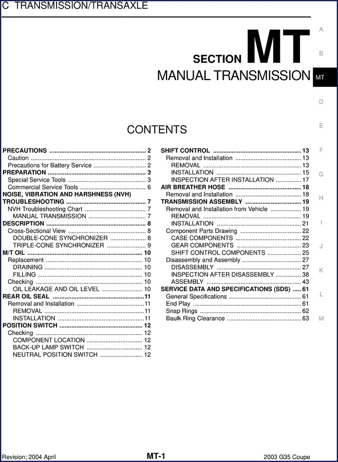 2004 Nissan G35 Coupe Service Manual – OEM Transmission Disassembly Page