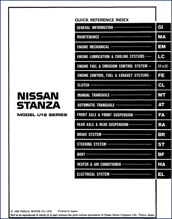 1989 Nissan U12 Service Manual cover - factory OEM documentation for Stanza series