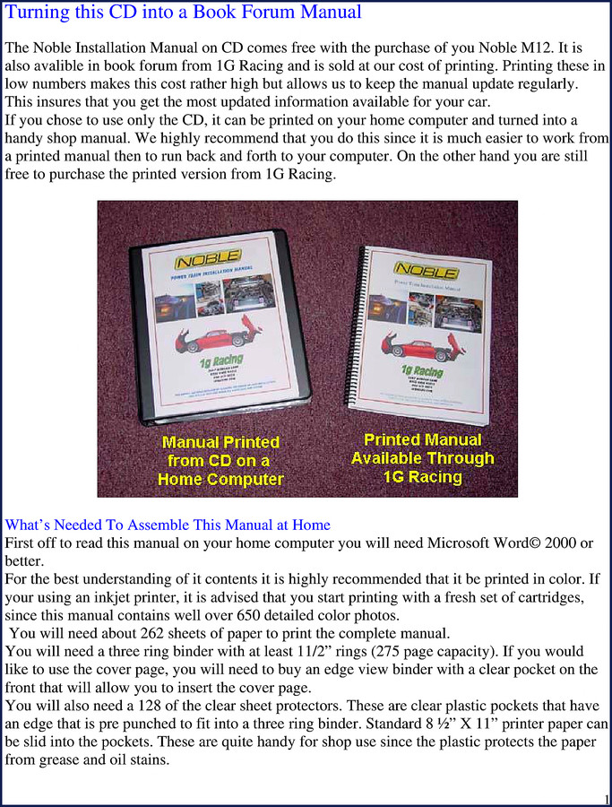 Noblelift M12 and M400 2006 Installation Manual cover showing Noble sports car powertrain layout