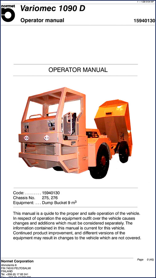 Normet Variomec 1090 D Operators Manual cover – 46 page factory PDF for underground dump truck