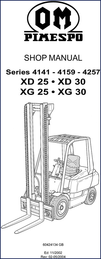 OM Pimespo 4141 series workshop manual cover for XG 25 and XG 30 forklifts, 2002 edition