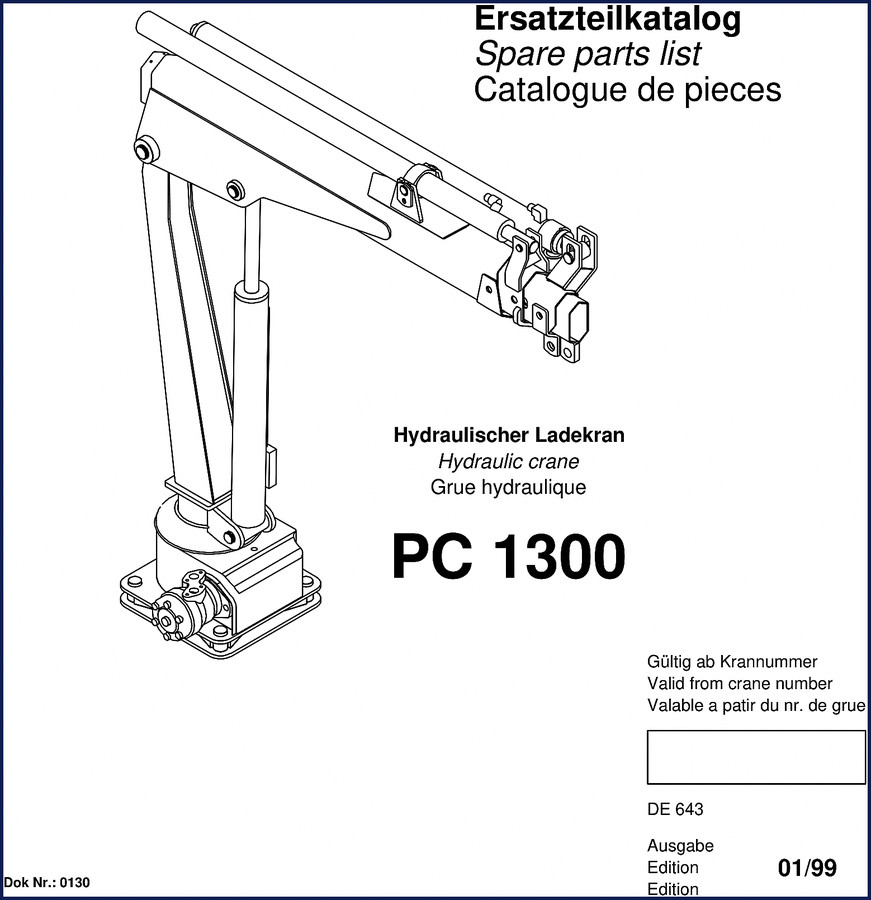 Palfinger PC 1300 1999 parts catalog cover – OEM spare parts list with exploded diagrams