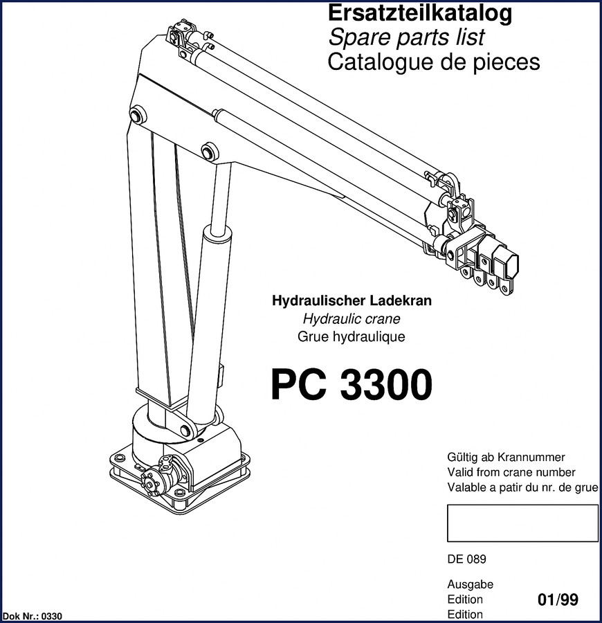 Palfinger PC 3300 1998 Parts Catalog cover page with hydraulic crane diagram