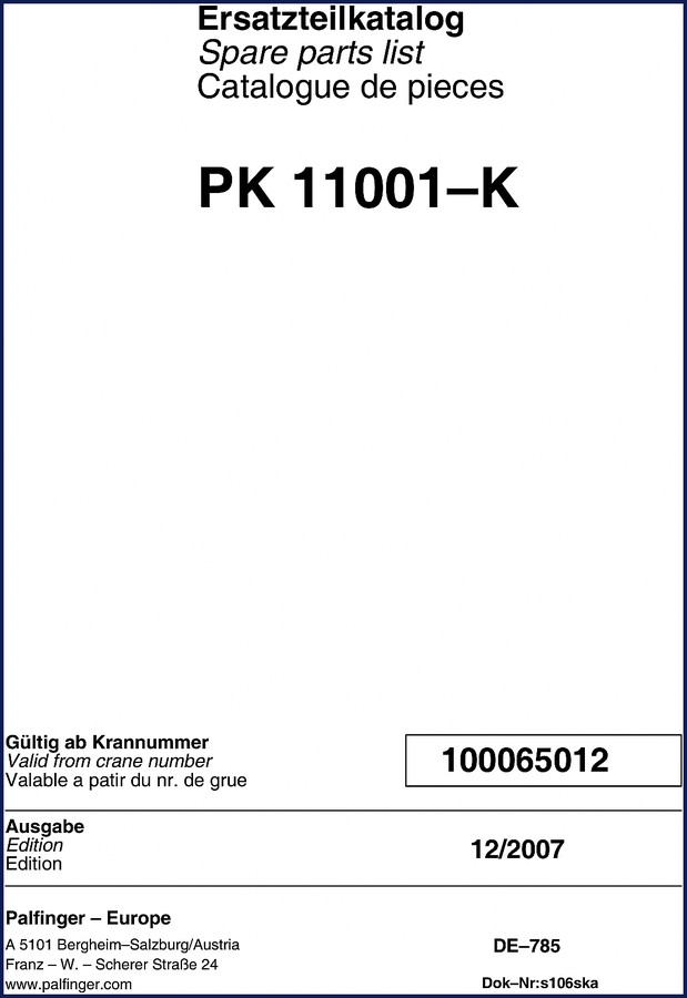 Palfinger PK 11001-K 2007 Parts Catalog cover page showing crane illustration and multilingual title
