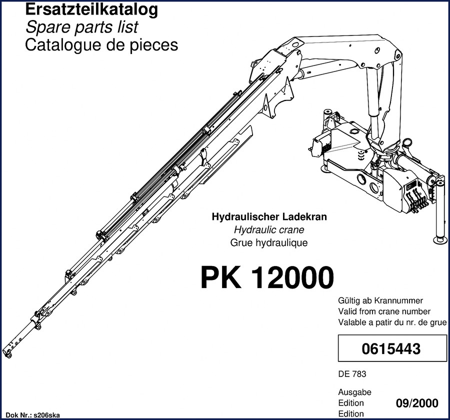 Palfinger PK 12000 2000 Parts Catalog cover showing hydraulic crane and exploded view diagram