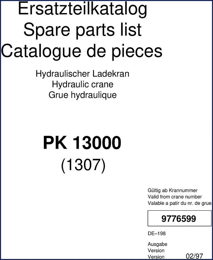 1997 Palfinger PK 13000 Parts Catalog cover