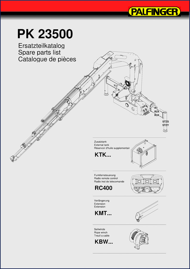 Palfinger PK 23500 2004 Parts Catalog cover showing crane assembly diagram