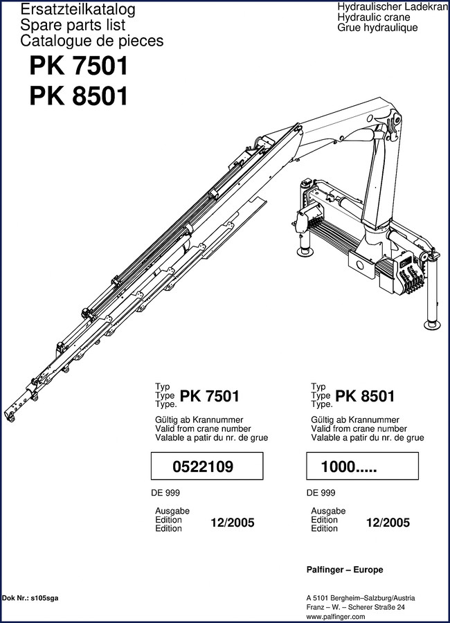 Palfinger PK 7501 and PK 8501 2005 spare parts catalog cover showing hydraulic crane