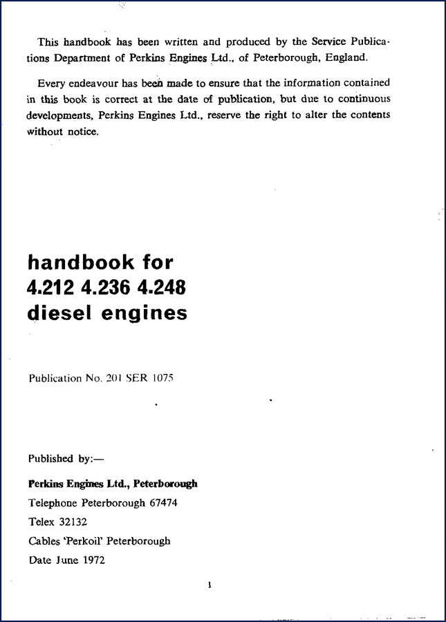 Perkins 4.248, 4.236, 4.212 1972 Technical Manual cover page showing engine diagrams and factory logo