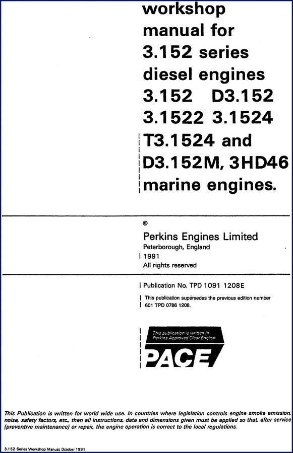 1991 Perkins 3.152 Series Diesel Engine Workshop Manual cover
