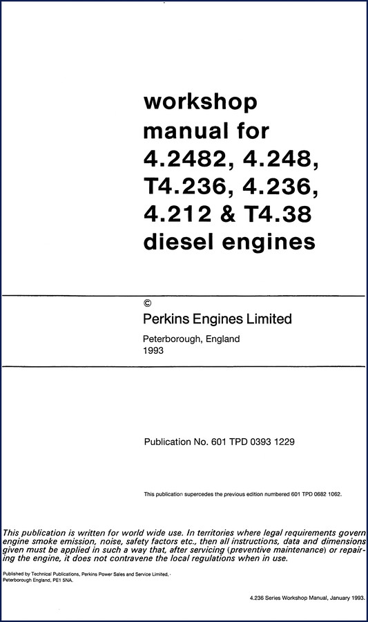 Perkins Engines 4.2482, 4.248, 4.236, 4.212, T4.38 1993 Workshop Manual cover