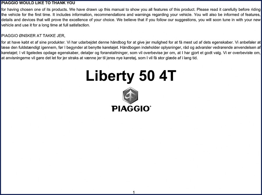 Piaggio Liberty 50 4T Technical Manual cover showing scooter illustration and factory documentation logo