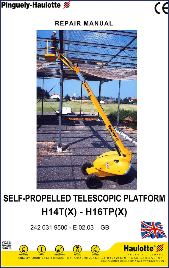 Pinguely-Haulotte H14TX H16TPX Repair Manual cover showing telescopic boom lift