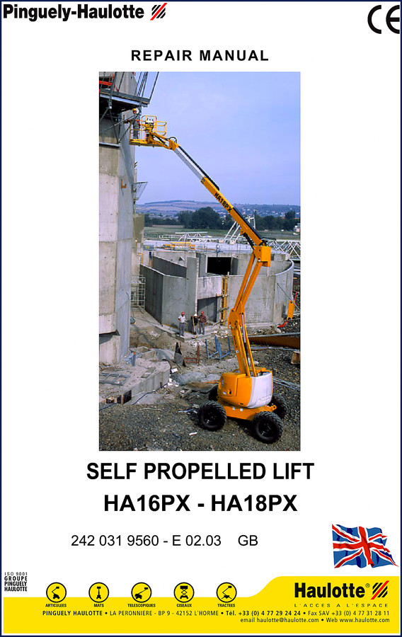 Pinguely-haulotte HA16PX HA18PX repair manual cover showing self-propelled lift and CE markings