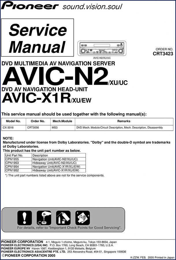 Pioneer AVIC-N2 and AVIC-X1R 2005 factory service manual cover – 312 pages of OEM schematics and adjustment data
