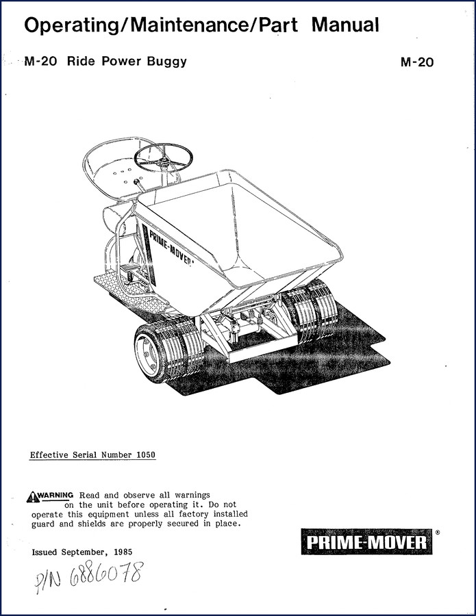 1985 Prime-mover M-20 Service Manual cover for Ride Power Buggy, factory OEM repair documentation