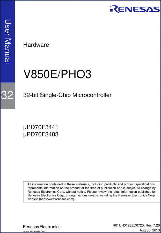 Renesas V850E/PHO3 2013 User Manual cover – 1365 pages OEM microcontroller documentation