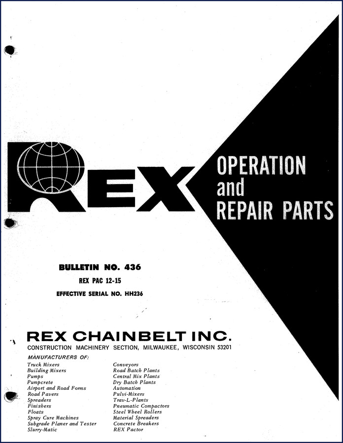 Terexlift PAC 12-15 repair manual cover showing REX Chainbelt construction equipment document