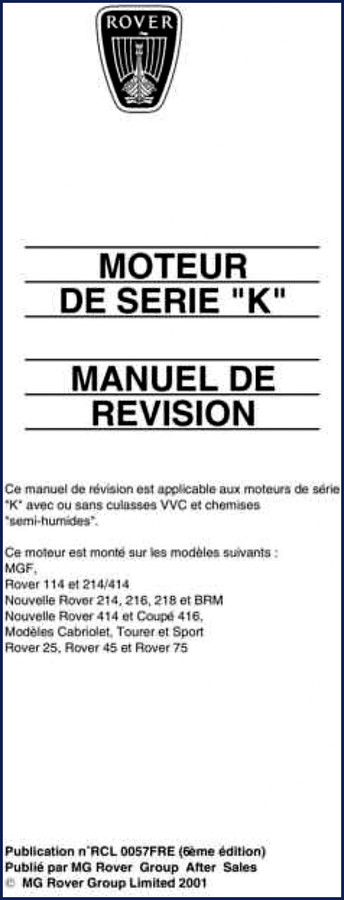 Land-rover 114 214 414 216 218 2001 Repair Manual cover page showing K16 engine components and torque table