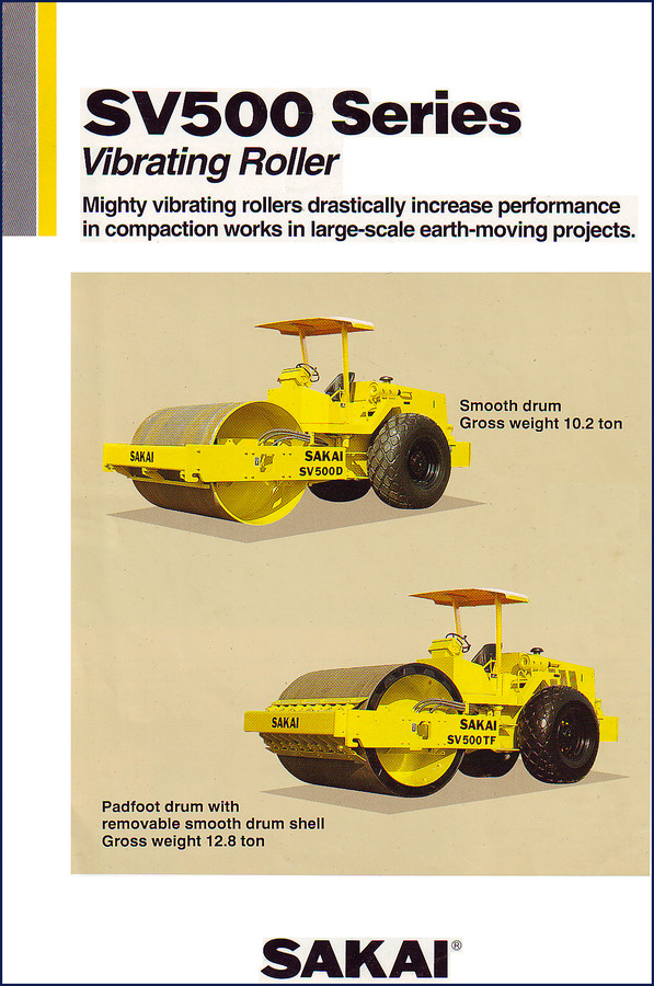 Sakai SV500D and SV500TF Vibrating Roller Workshop Manual cover page showing both smooth drum and padfoot models