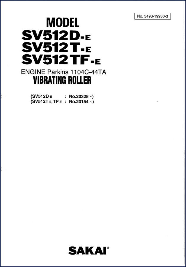 Sakai SV512D-E SV512T-E SV512TF-E factory parts catalog cover showing roller and Perkins engine reference