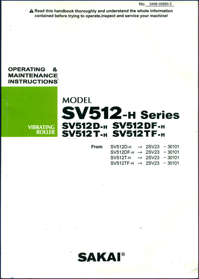 Sakai SV512D-H Operator's Manual cover – 76-page factory document for SV512-H Series rollers