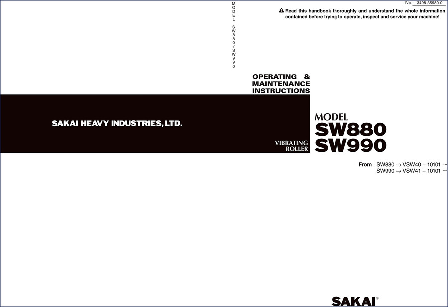 Sakai SW880 SW990 Operators Manual cover page showing factory operating and maintenance instructions for vibrating roller
