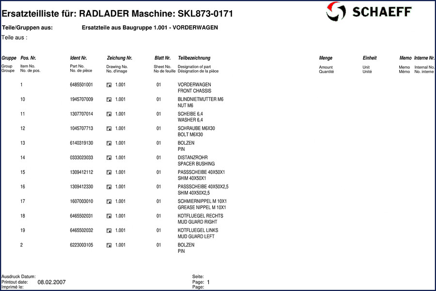 Schaeff SKL873-0171 2007 Parts Catalog cover page