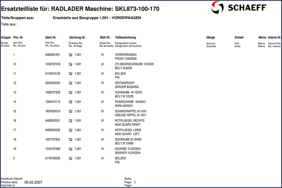 2007 Schaeff SKL873-100 Parts Catalog – 409 pages OEM factory parts list with exploded diagrams