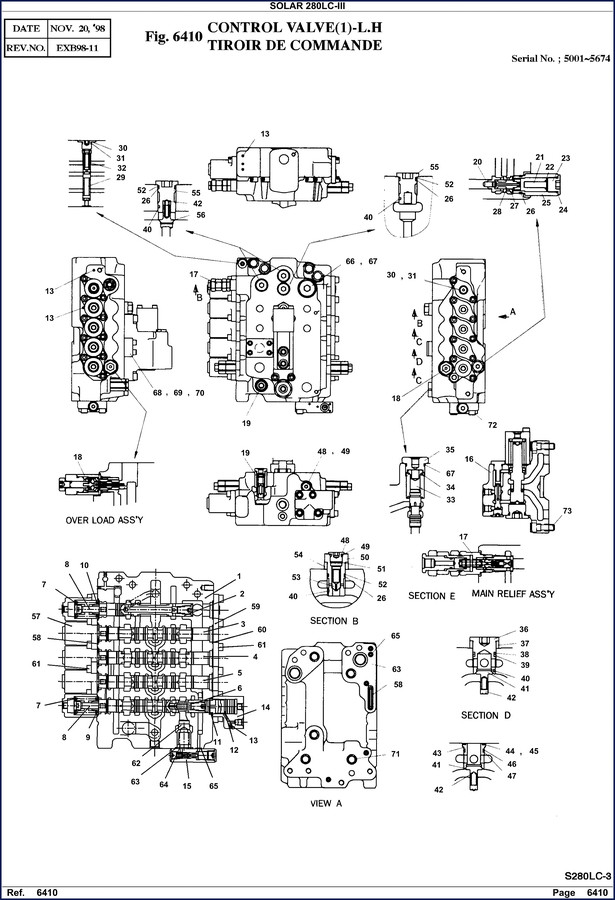 Solar 280 1998 Parts Catalog cover showing control valve schematic and part number table