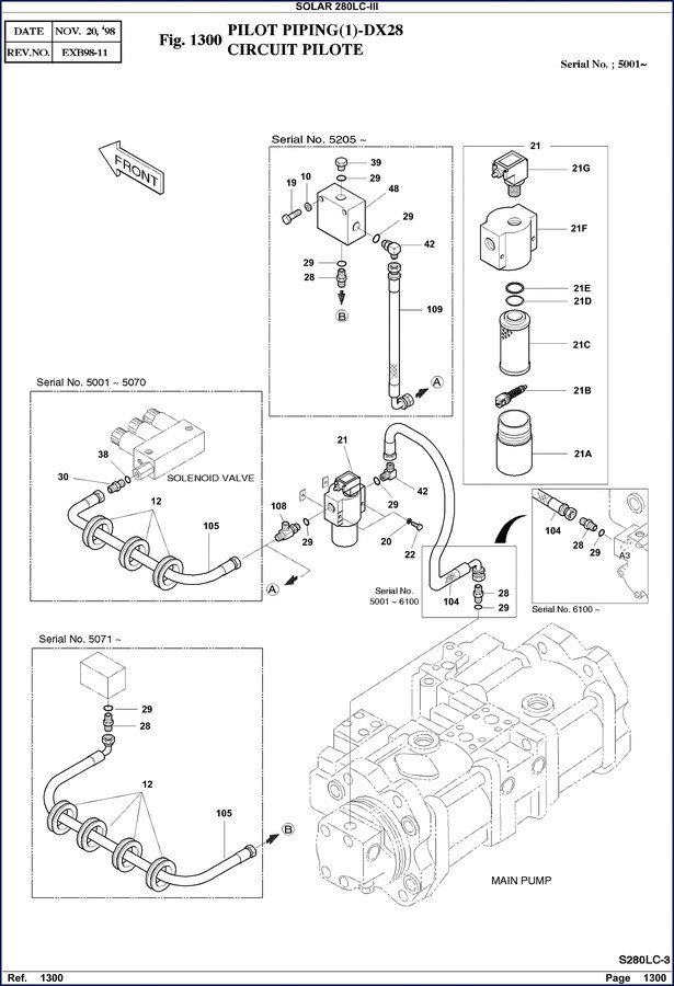 Solar 280LC-III excavator parts catalog cover – 1998 OEM factory manual 24 pages