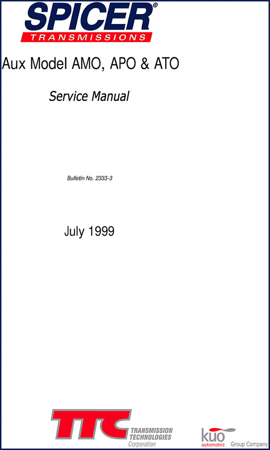 Dana Spicer AMO APO ATO 1999 Service Manual cover page showing Spicer logo and Transmission Technologies Corporation